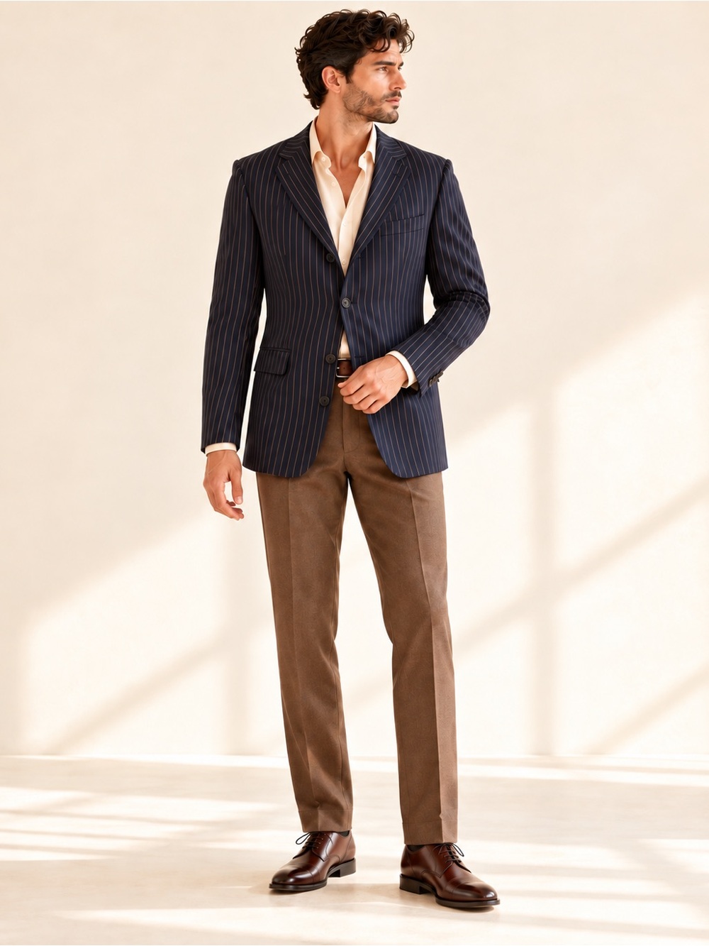 Hugo Boss Quiet Luxury Pinstripe Wool Blazer Guabello Navy/Nude 120s Size 40R